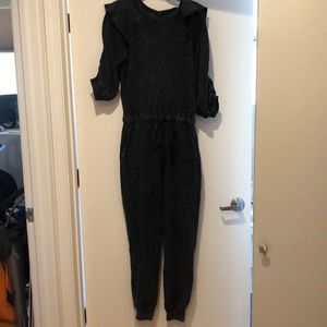 Acid wash ruffle shoulder jumpsuit